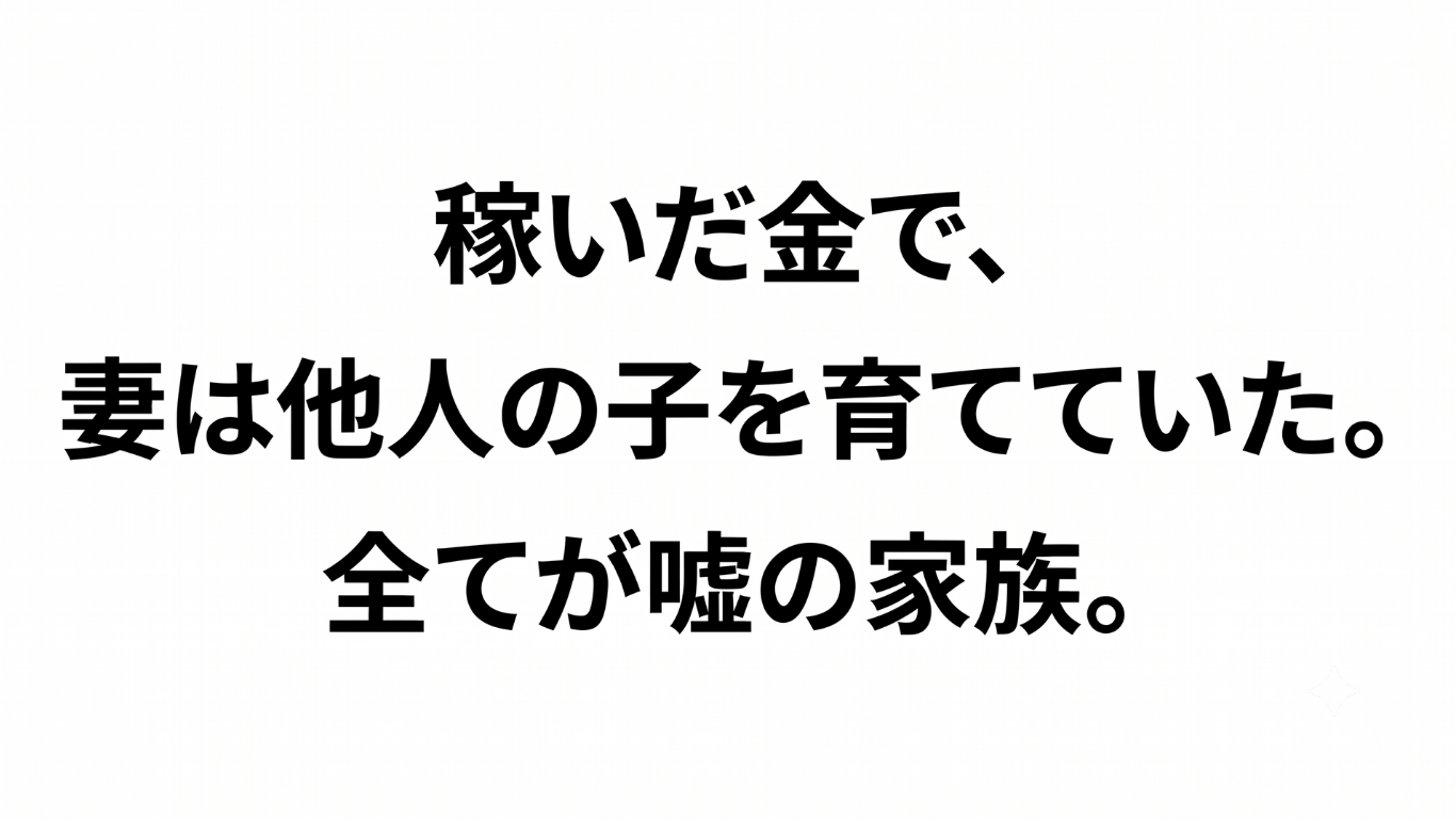 「稼いだ金で、妻は他人の子を育てていた。全てが嘘の家族。」と書かれた、白背景に黒い明朝体文字のアイキャッチ画像