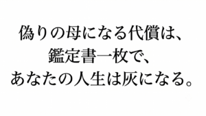 「偽りの母になる代償は、鑑定書一枚で、あなたの人生は灰になる。」と書かれた、白背景に黒い明朝体文字のアイキャッチ画像