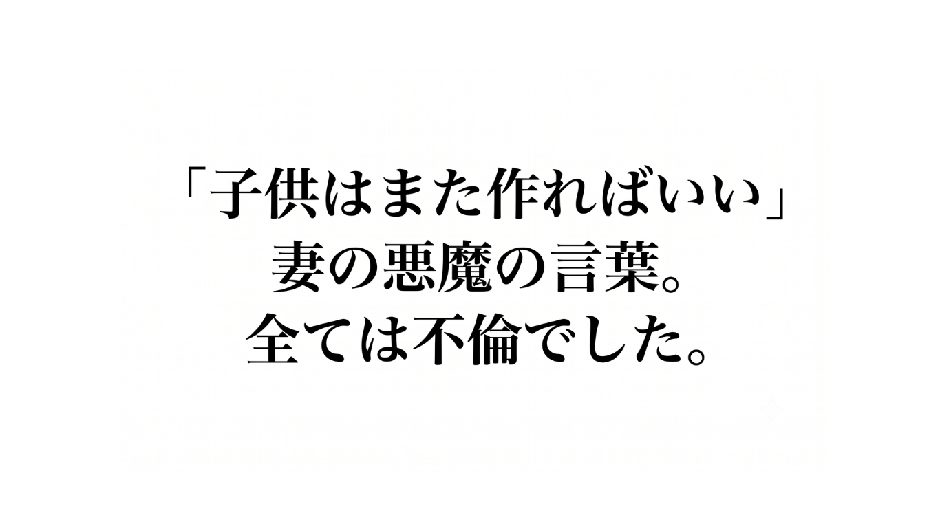 「「子供はまた作ればいい」妻の悪魔の言葉。全ては不倫でした。」と書かれた、白背景に黒い明朝体文字のアイキャッチ画像