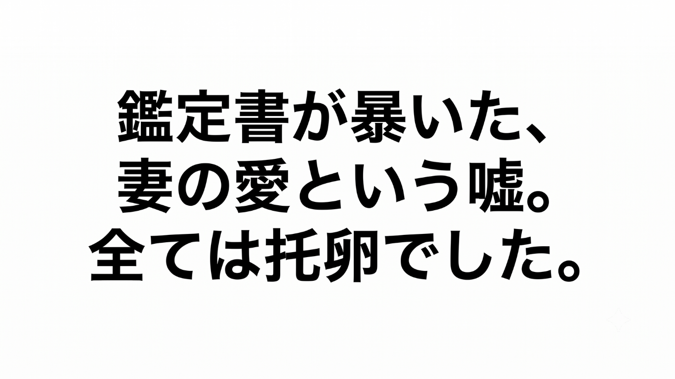 「鑑定書が暴いた、妻の愛という嘘。全ては托卵でした。」と書かれた、白背景に黒い明朝体文字のアイキャッチ画像
